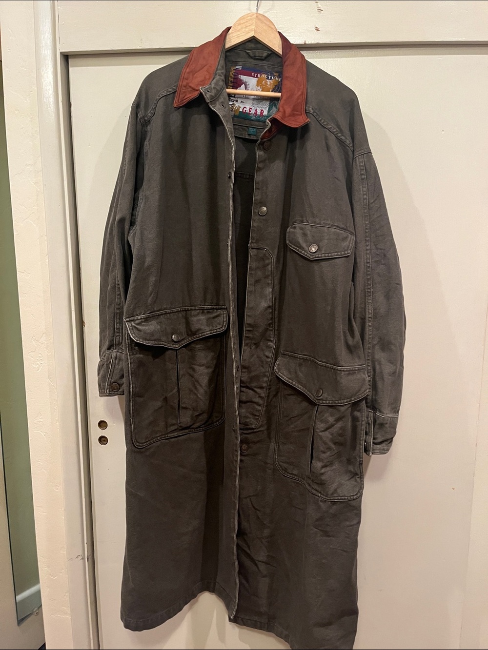 Structure Olive Green Trench Coat with Brown Leather Collar SZ Large